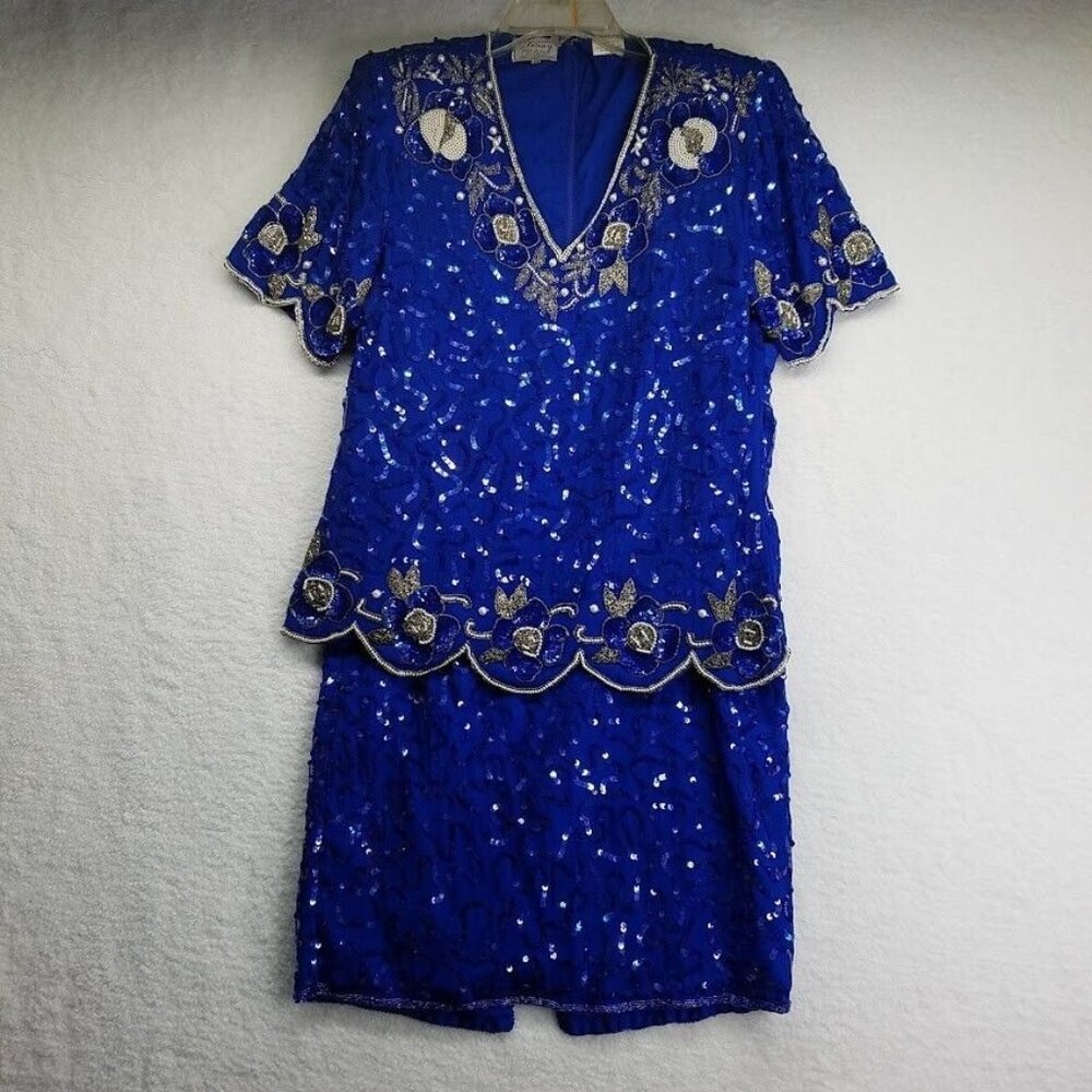 Vintage 2 Piece Silk Blouse Skirt Set Size 10 Blue Silver Beaded Shoulder Pads